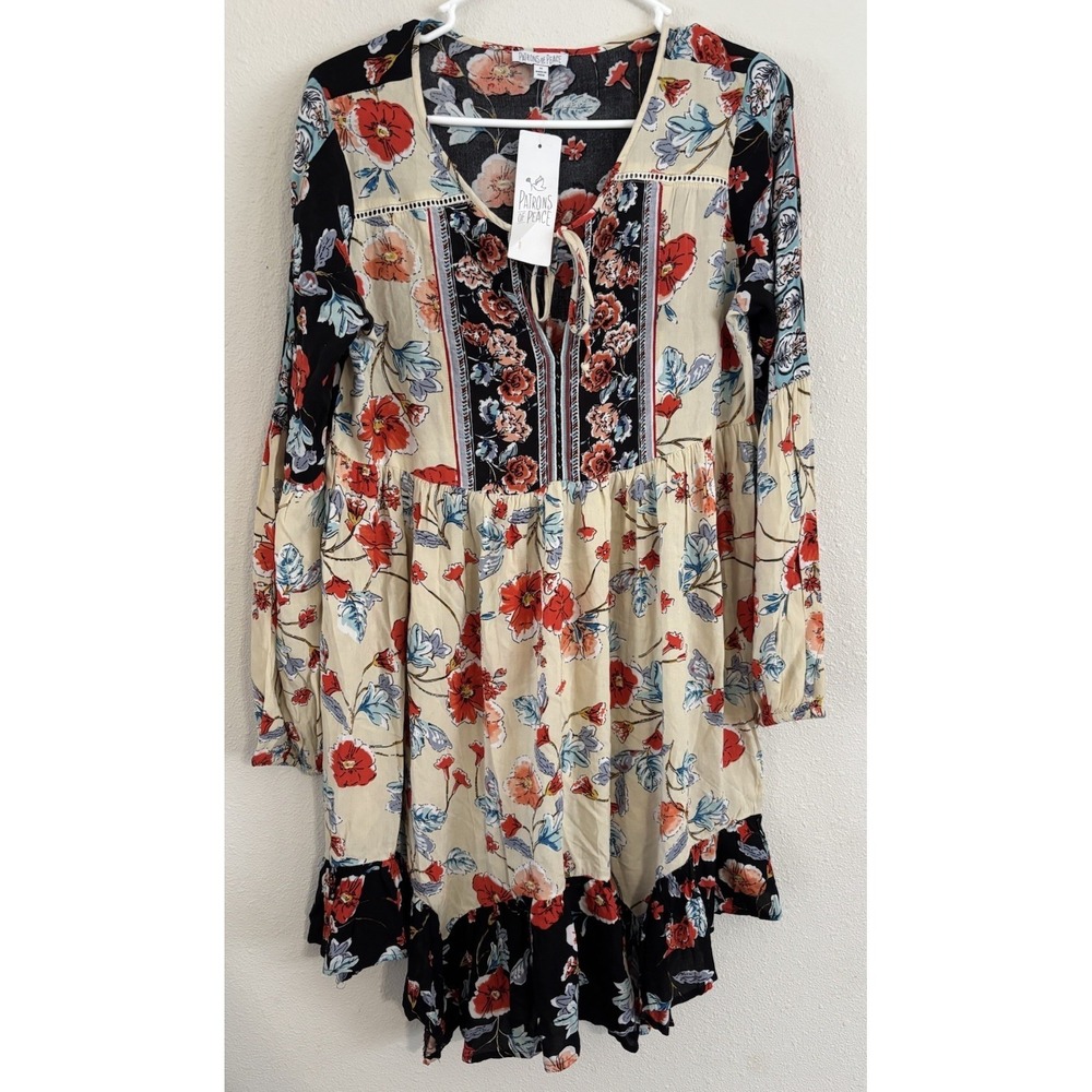 NWT Patrons of Peace Womens M Floral Boho Tiered Babydoll Dress Rayon